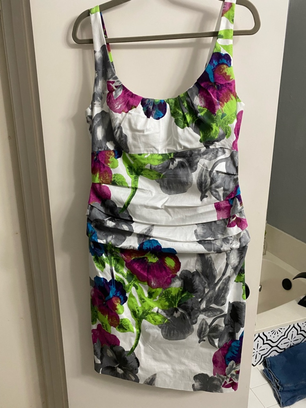 Suzi Chin for Maggy Boutique Cotton Spandex‎ Floral Ruched Sheath Dress Lined 12